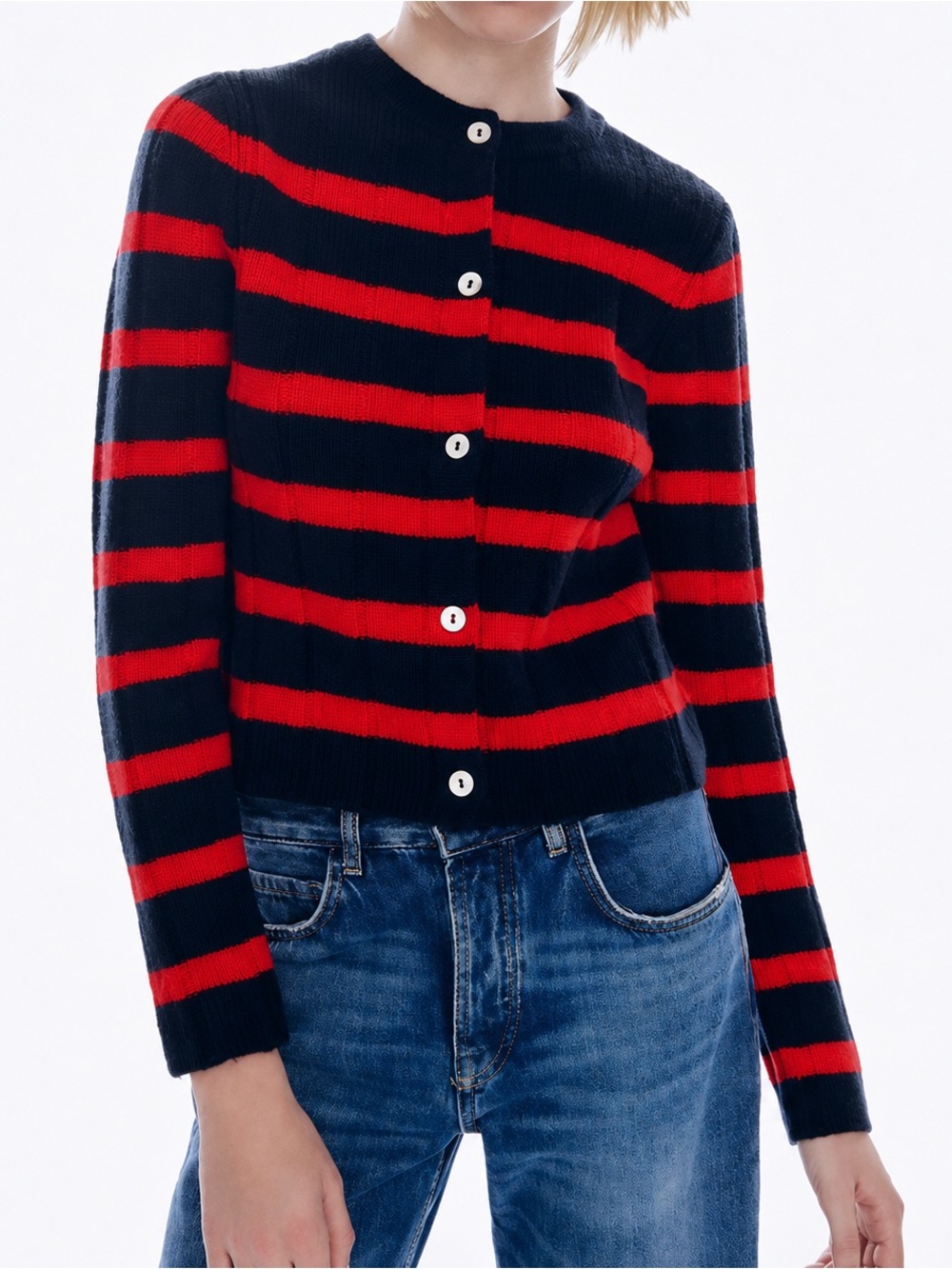 Zara Navy Blue Red Striped Ribbed Button Cardigan Sweater Small